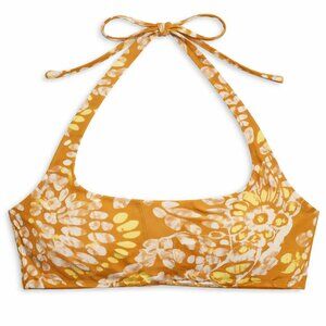 Aerie Floral Bralette Bikini Top Scoop Neck Tie Back Tan White XL